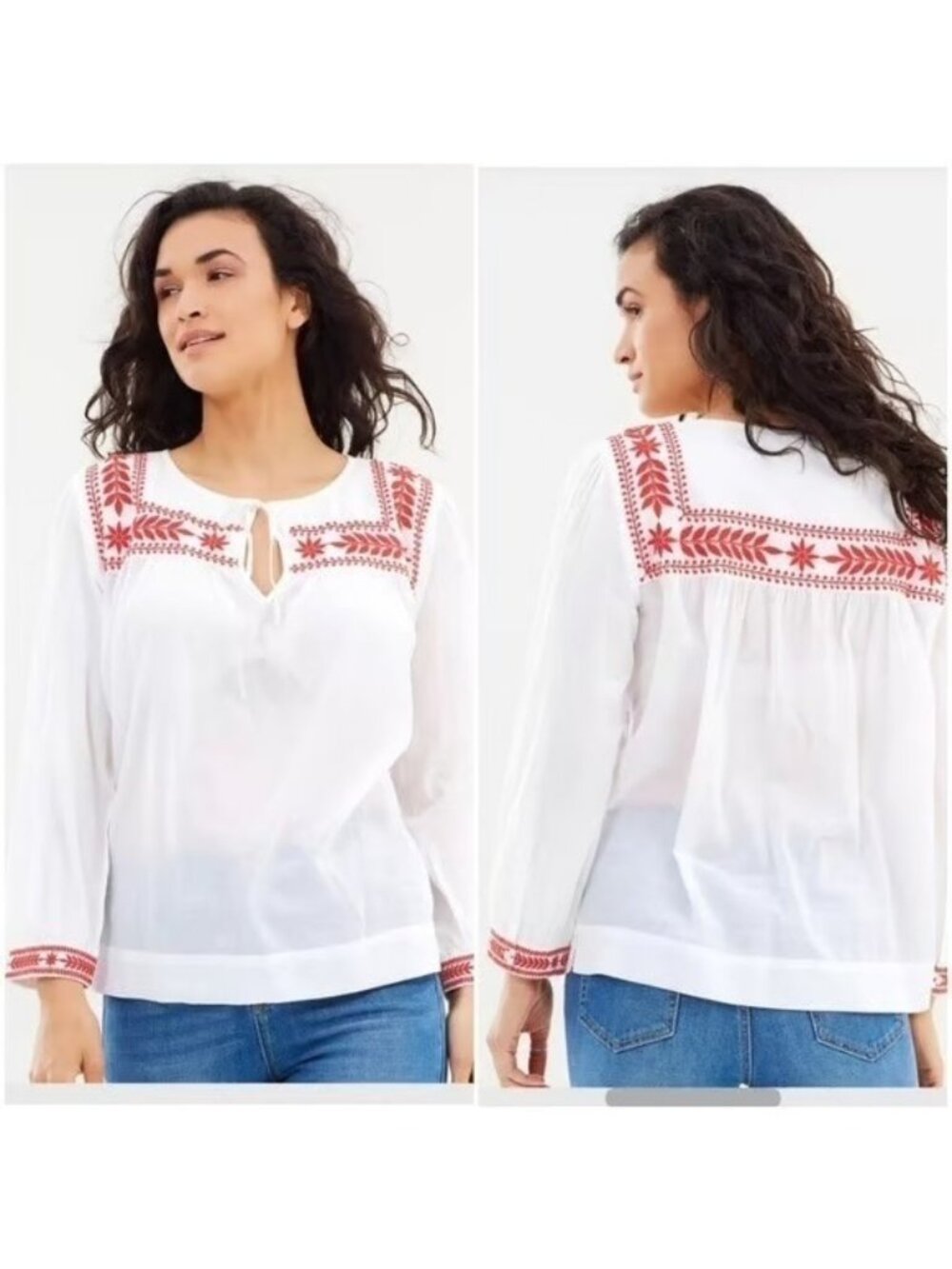 J.Crew Semolina White Red Embroidered Tunic Top Blouse Shirt Size S Semi-Sheer